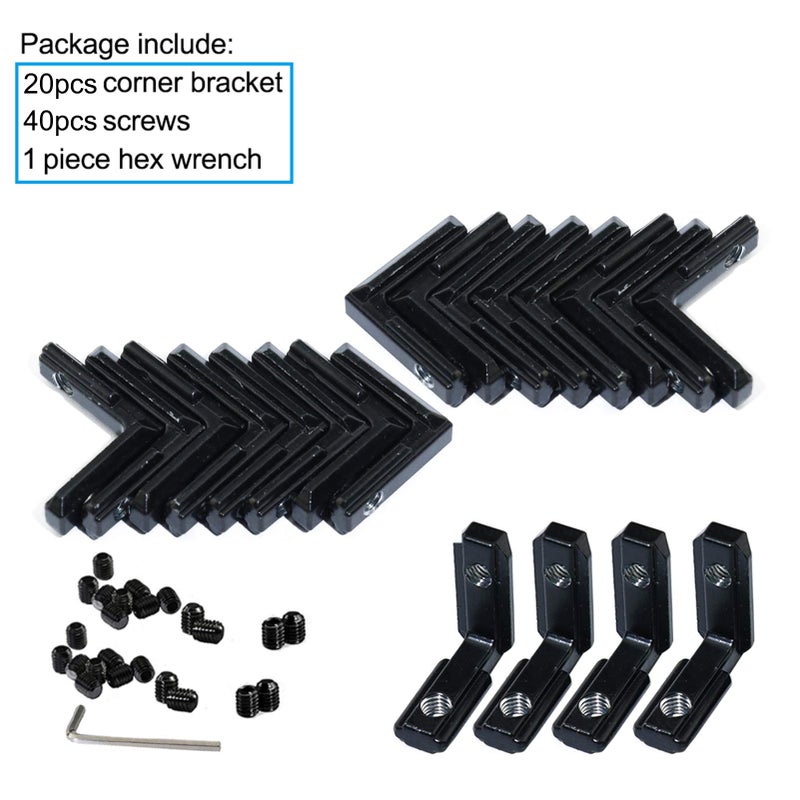 BLCCLOY 20Pcs 2020 Aluminum Extrusion Black Corner Bracket T Slot Inside L Shape Joint Angle Hardware Connector with Screws for 20 Series 20/20 2040 V Slot Extruded Aluminum Profile - Image 3